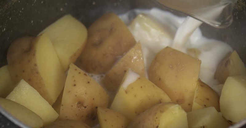 Версия бефстроганов в сливочно-горчичном соусе и картофельным пюре